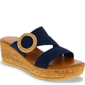 Italian Shoemakers Navy Blue Grania Wedge Sandal with gold ring.
